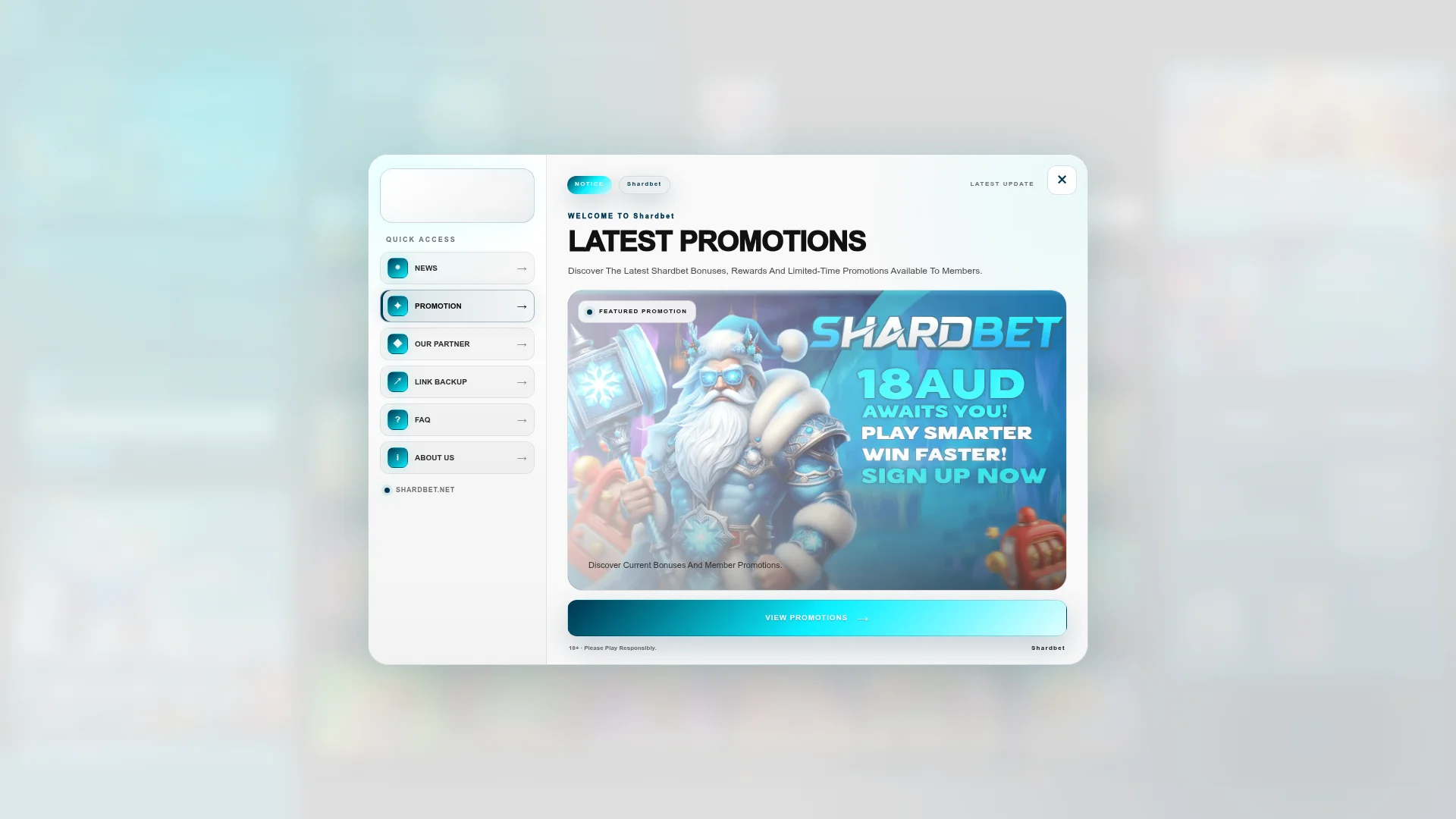 Shardbet Casino desktop experience with AUD casino access and account features